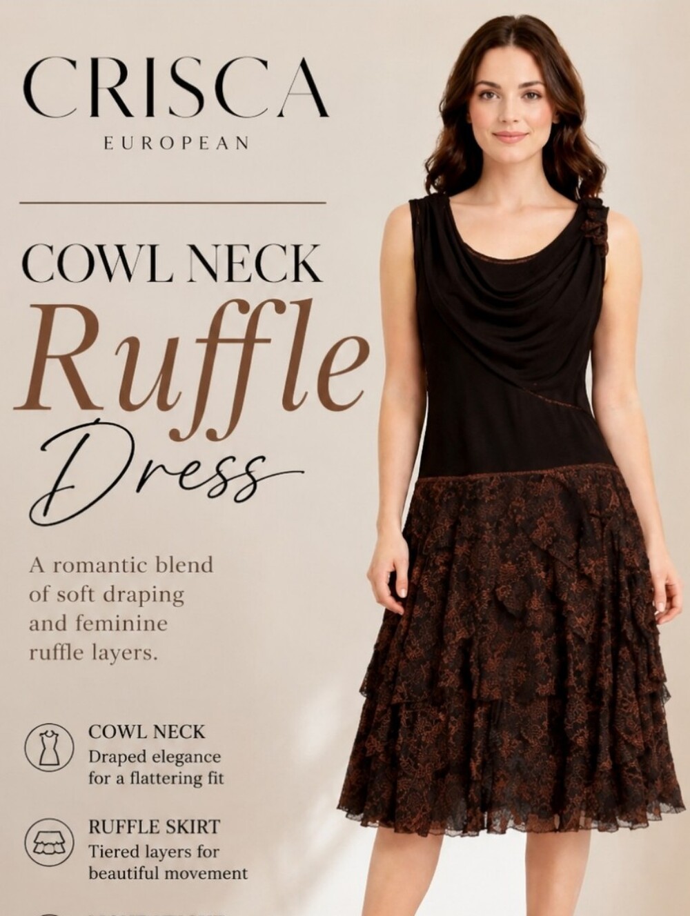 Crisca | Cowl Neck Ruffle Tiered Hemline Dress European